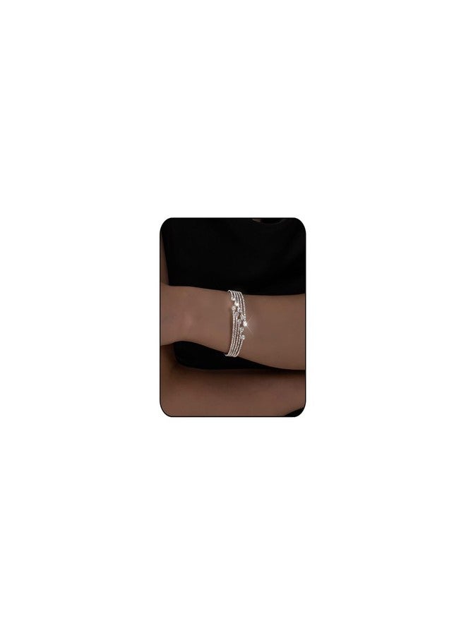 IS4U Multilayer Rhinestone Bridal Bracelet Adjustable Water Diamond Elastic Cuff Bracelet Chunky Silver Bracelet Sparkling Crystal Bangle for Women (Silver2) - Image 1